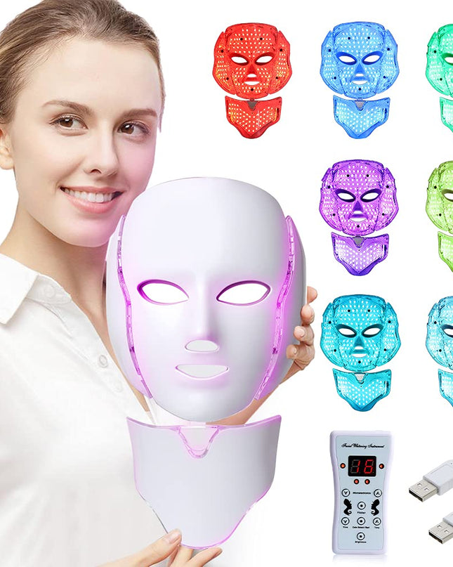LED Face Mâsk Light Therapy | 7 Color Skin Rejuvenation Therapy LED Photon Mâsk Light Facial Skin Care Anti Aging Skin Tightening Wrinkles Toning Mâsk (For face & neck). (White)