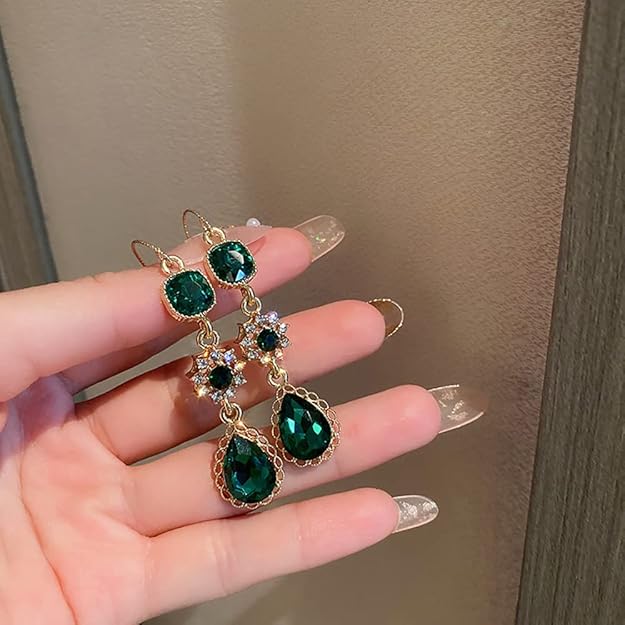 Emerald Green Earrings Emerald Green Crystal Dangle Earring Drop Earrings Wedding Bridal Jewelry for Women (Style 2)