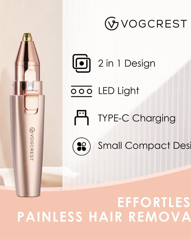 Eyebrow & Facial Trimmer: 2 in1 Rechargeable Facial Hair Removal & Eyebrow Shaver - Body Razor with Built-in LED Light (Rose Gold)