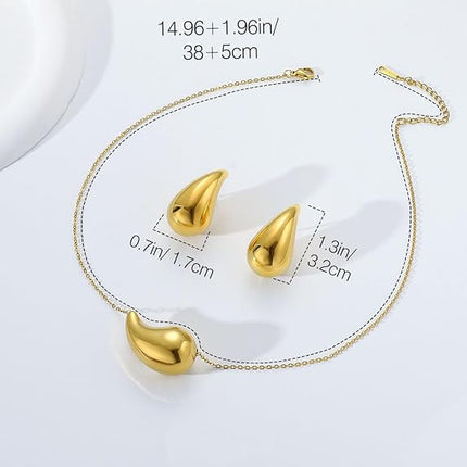 Chunky Drop Earrings Waterdrop Necklace Earrings Jewelry Set, Lightweight Teardrop Dainty Stud Earrings Pendant Necklace Jewelry Set for Women Girls