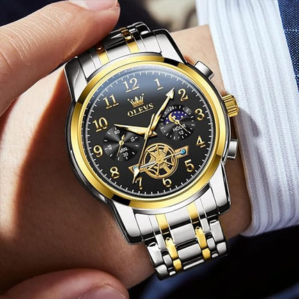 OUPINKE Men Watch Analog Quartz Luxury Dress Big Face Wrist Watches Stainless Steel Moon Phase Waterproof Luminous Business Classic Casual