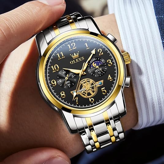 OUPINKE Men Watch Analog Quartz Luxury Dress Big Face Wrist Watches Stainless Steel Moon Phase Waterproof Luminous Business Classic Casual