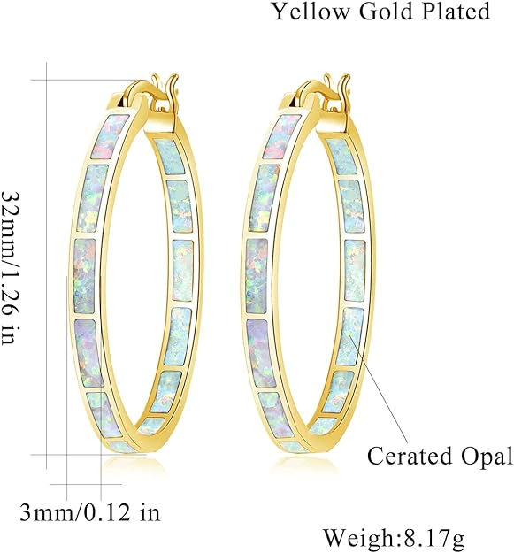 CiNily Opal Hoop Earrings,Women Jewelry Rhodium Plated Yellow Gold Plated Gemstone Big Hoop Earrings 32mm