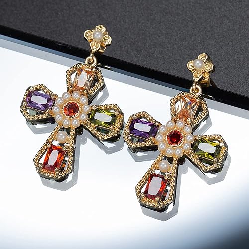 Colorful Crystal Cross Dangle Stud Earrings for Women Girls 14K Gold Plated CZ Rhinestone Pearl Dangling Charm Drop Earrings Statement Studs Boho Fashion Jewelry Gifts