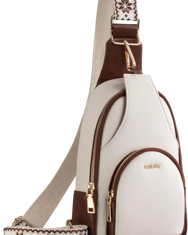Small Sling Bag for Women PU Leather Trendy Crossbody Chest Bag Fanny Pack, White and Brown