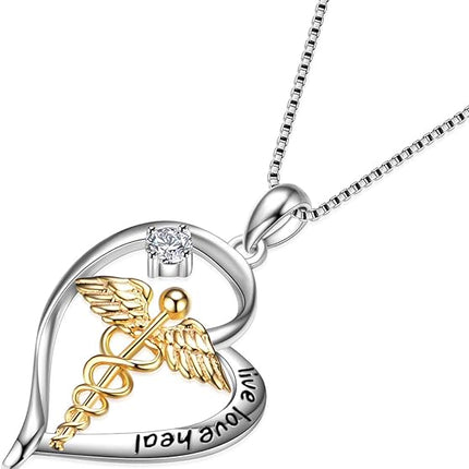 YFN 925 Sterling Silver Caduceus Angel Nursing Themed Pendant Necklace 18"