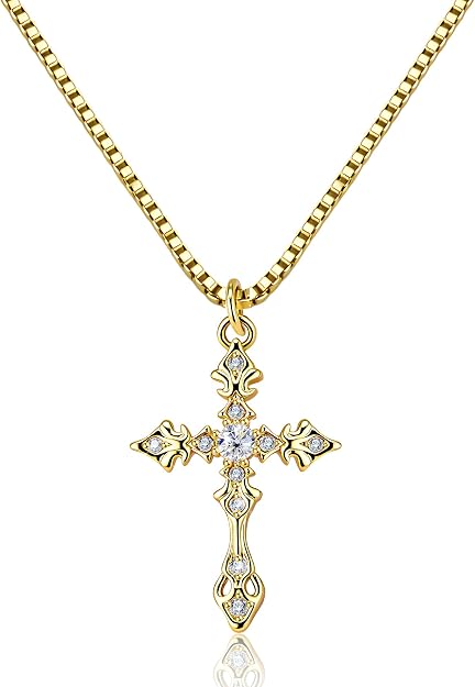 Gold Cross Necklace CZ Dainty Pendant 14K Gold Plated Chain for Daily Wear