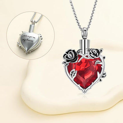 Rose Flower Cremation Urn Necklace for Ashes Heart Crystal Memorial Jewelry for Women Urn Keepsake Pendant Human Pet Memorial Locket Holder
