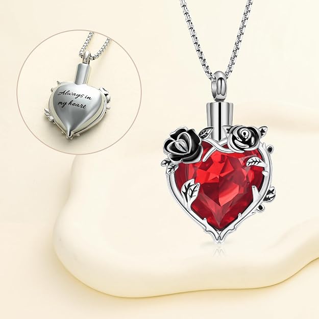 Rose Flower Cremation Urn Necklace for Ashes Heart Crystal Memorial Jewelry for Women Urn Keepsake Pendant Human Pet Memorial Locket Holder