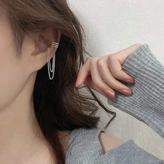 SLUYNZ 925 Sterling Silver No Piercing Cuff Earrings Chain for Women Teen Girls Wrap Earrings Tassel Clip On Ear