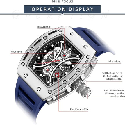 MF MINI FOCUS Men's Watch Fashion Tonneau Wrist Watches (Chronograph/Waterproof/Luminous/Calendar) Silicon Strap Quartz Watch for Men