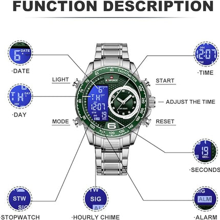 NAVIFORCE Men's Multifunction Waterproof Sport Analog Digital Quartz Watch with Chronograph Dual Time Alarm SIG Snooze Function