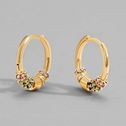 Dremmy Studios Dainty CZ Huggie Hoop Earrings 14K Gold Plated Chunky Simple Cute Thick Round Frill Bead Ball Starburst Cuff Earrings Cubic Zirconia Hoop Earrings Minimalist Personalized Gift for Her