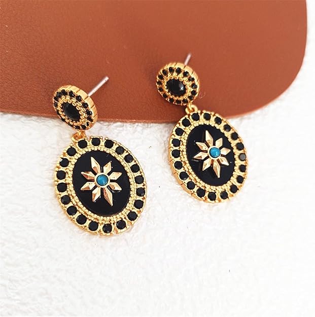 French Vintage style Women's Gold Plated Octagrams Drop Earrings with Black Cubic Zirconias and Green Turquoise Stones, Black Color Base
