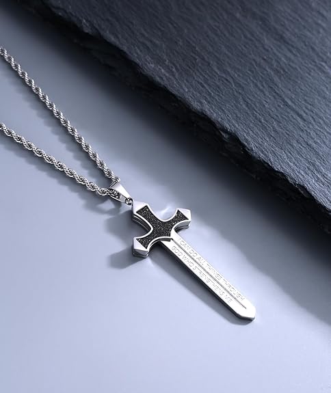 Strength Cross Sword Necklace -Stainless Steel Cross | Sword | Sun | Evil Eye-Fun Inspirational Spiritual Jewelry Gifts for Men