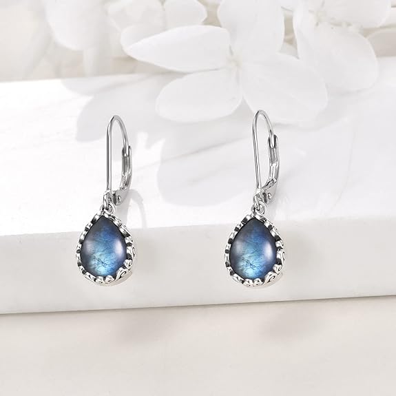 Moonstone/Larimar/Turquoise/Labradorite/Jade/Malachite Teardrop Earrings Sterling Silver Cage Filigree Dangle Drop Earrings for Women