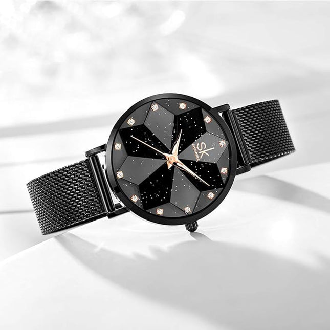 Creative Ultra Thin Minimalist Starry Sky Flower Dial Women Watch with Stainless Steel Mesh Band Genuine Leather Elegant Women Watches