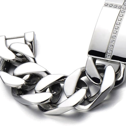 COOLSTEELANDBEYOND Mens Large Stainless Steel Cross Identity Curb Chain Bracelet Set with Cubic Zirconia Hip Hop Rock