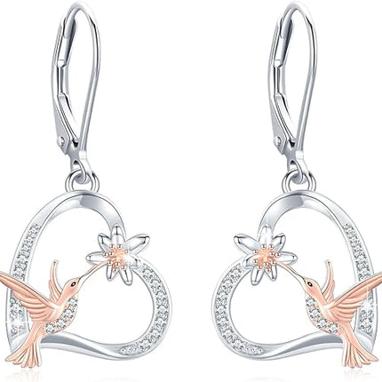 Hummingbird Earrings 925 Sterling Silver Heart Flower Hummingbird Earrings