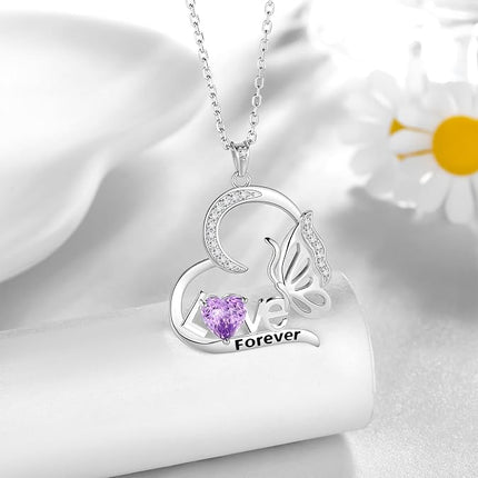 Aurora Tears Birthstone Love Heart Butterfly Pendant Necklace - 925 Sterling Silver Firework-Cut Cubic Zirconia Love Forever Necklace Anniversary Birthday Jewelry Gift for Women Wife Mom Daughter
