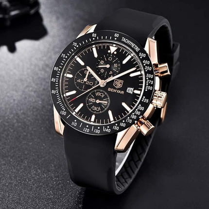 BENYAR - Stylish Wrist Watch for Men, Genuine Silicone Strap Watches, Perfect Quartz Movement, Waterproof and Scratch Resistant, Analog Chronograph Quartz Business Watches