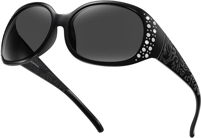 HAOLOTA Polarized Sunglasses for Women, Rhinestone Wrap Around Sunglasses with UV400 Protection