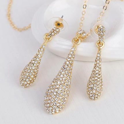 YINLI Full Crystal Rhinestone Gem Tear Drop Pendant Necklace Earrings Jewelry Sets