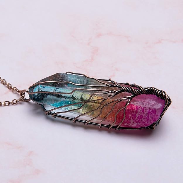 Bivei Tree of Life Copper Wire Wrapped Natural Quartz Necklace Reiki Healing Crystal Point Chakra Pendant Jewelry Gift for Women