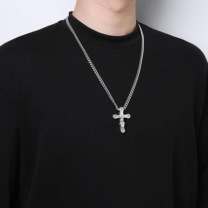 HZMAN Silver Cross Necklace for Men Hip Hop Stainless Steel Rotatable Bicycle Chain Men's Cross Pendant Necklace Jewelry Gift
