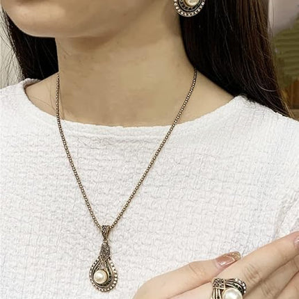 Dtja Vintage CZ Pearl Earrings Teardrop Pendant Necklace Jewelry Set for Women Girls Faux Pearls Boho Wedding Cocktail Party Christmas Anniversary Jewelry Gifts