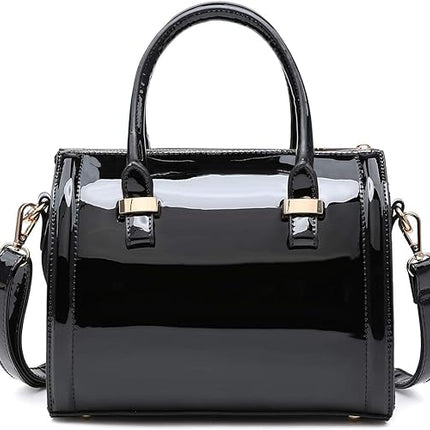 Shiny Patent Faux Leather Handbags Barrel Top Handle Purse Satchel Bag Shoulder Bag for Women