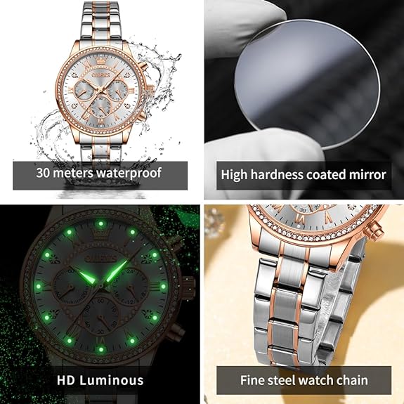 OLEVS Watches for Women Diamond Quartz Chronograph Fashion Dress Watch Date Waterproof Luminous Casual Ladies Wrist Watches