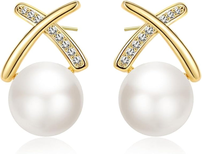 Pearl Earrings for Women 14K Gold Plated Hypoallergenic Pearl Earrings 5A Cubic Zirconia Dangle Earrings Elegant Jewelry
