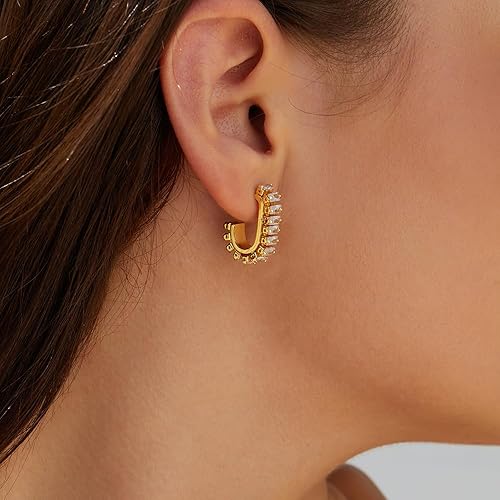 Gold Earrings for Women Girls,14K Gold Plated Hoop Earrings with 925 Sterling Silver Post Cubic Zirconia Huggie Earrings| CZ Stud Earring