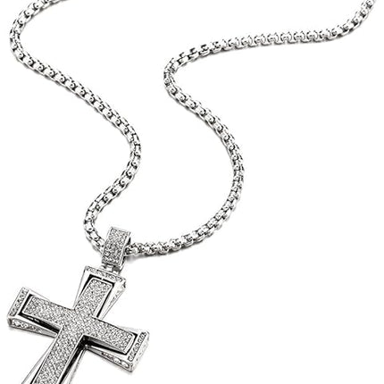 COOLSTEELANDBEYOND Men's Women's Large Steel Cross Pendant Necklace with Cubic Zirconia and Wheat Chain
