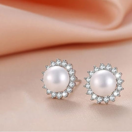 "Sunshine" Sterling Silver 8.5-9mm White Freshwater Cultured Pearl Earrings Studs AAA Zirconia Earrings Gift for Women