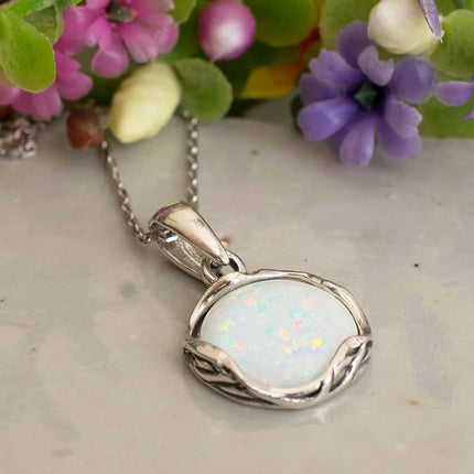 White Opal Pendant Necklace for Women, 925 Sterling Silver