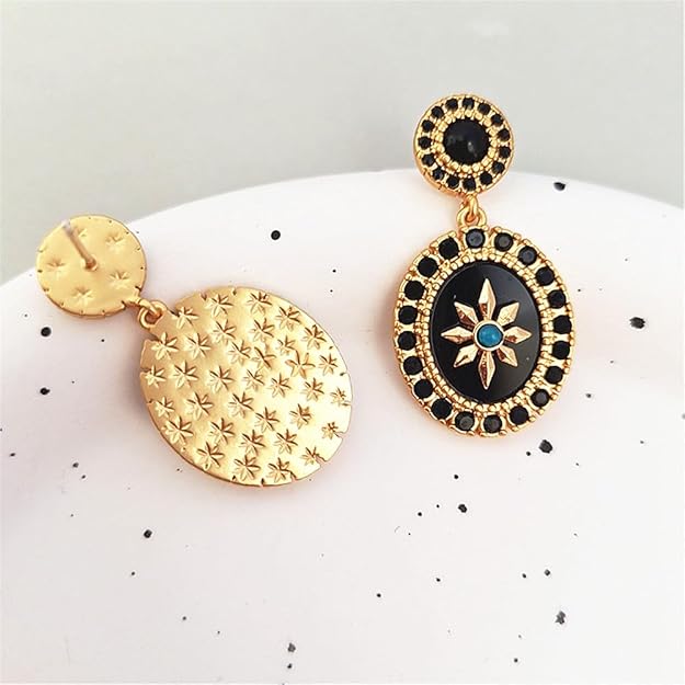 French Vintage style Women's Gold Plated Octagrams Drop Earrings with Black Cubic Zirconias and Green Turquoise Stones, Black Color Base