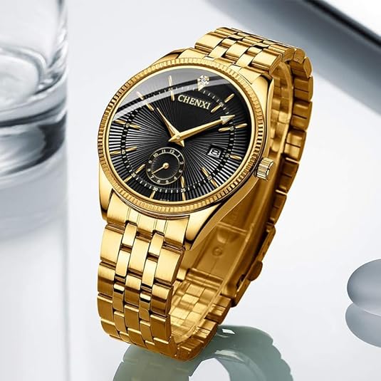 FANMIS Men's Luxury Analog Quartz Gold Wrist Watches Business Stainless Steel Band Dress Wrist Watch Classic Calendar Date Window 3ATM Water Resistant