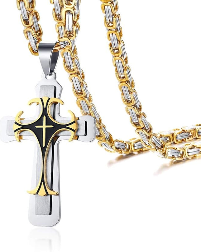 MEALGUET Stainless Steel Crucifix Cross Pendant Necklace, Men's Cross Necklace with Chunky Byzantine Chain/Rolo Chain, Gift for men