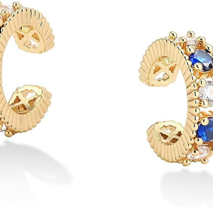 Dainty Hoop Ear Cuff 14K Gold Plated Cross Stripe Open Wrap Hoop Cubic Zirconia Huggie Clip-on Cartilage Earrings Stud for Women