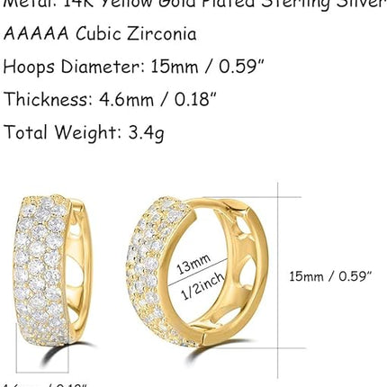 Carleen 14K Gold Plated Sterling Silver Hoop Earrings Pave Set Stunning Cubic Zirconia CZ Simulated Diamond Small Thick Sparkle Silver Hoop Earrings Fine Jewelry