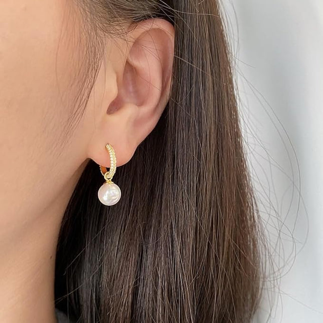 Pearl Drop Diamond Earrings for Women 925 Sterling Silver Rhinestone Pearl Earrings White Pearl Dangle Earrings