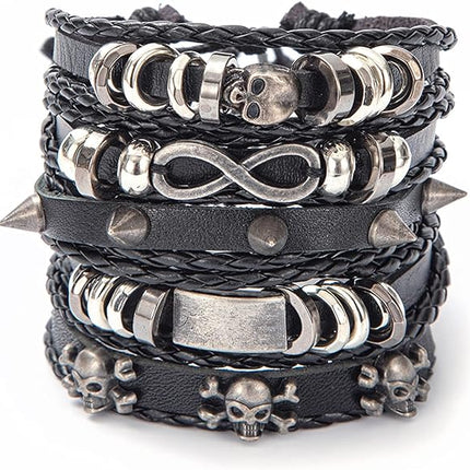 Vinatge Gothic Punk Skull Star Metal Multilayer Leather Bracelet Men Bracelets & Bangles Male Arm Jewelry