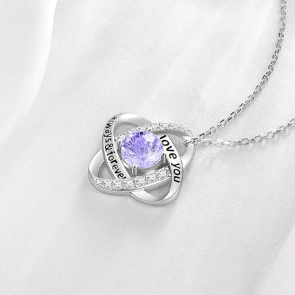 Aurora Tears Birthstone Love Knot Pendant Necklace - 925 Sterling Silver Firework-Cut Cubic Zirconia Love You Forever Necklace Anniversary Birthday Jewelry Gift for Women Wife Mom Daughter