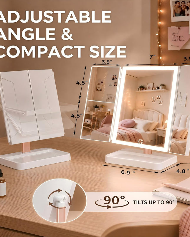 Makeup Mirror with Lights, Rechargeable Trifold 1X/2X/3X Magnification