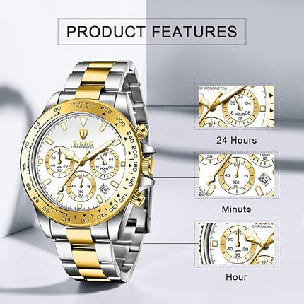 Dentily Men's Quartz Watch Fashion Stainless Steel Chronograph Waterproof Business Watches for Men