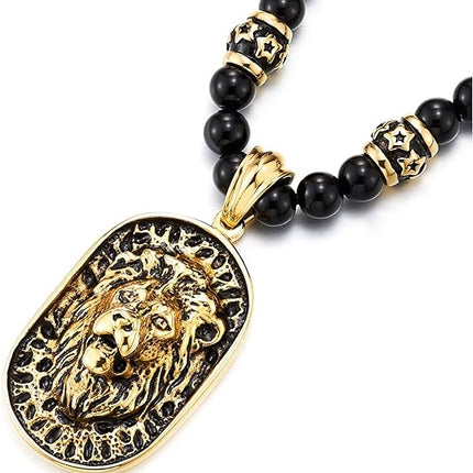 COOLSTEELANDBEYOND Gothic Style Men's Beads Necklace with Stainless Steel Lion Head Shield Pendant