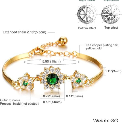 L & J 18k Gold Plated Sparkling Green Simulated Rhinestone CZ Flower Bangle Bracelet for Women, Jewelry Gift for Valentines Day, Mothers Day, Birthday, Anniversary, Christmas Gift for Her