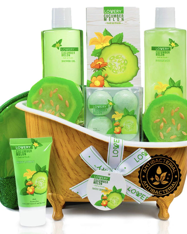 Christmas Gifts, Home Spa Bath Basket Gift Set - Aromatherapy Kit for Men & Women - Natural Cucumber with Organic Melon - 12 Piece Skin Care Set Includes 2 Organic Melon Soaps, Body Lotion & More